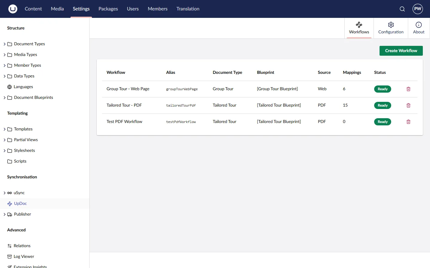 Settings tree with UpDoc highlighted in the Synchronisation group