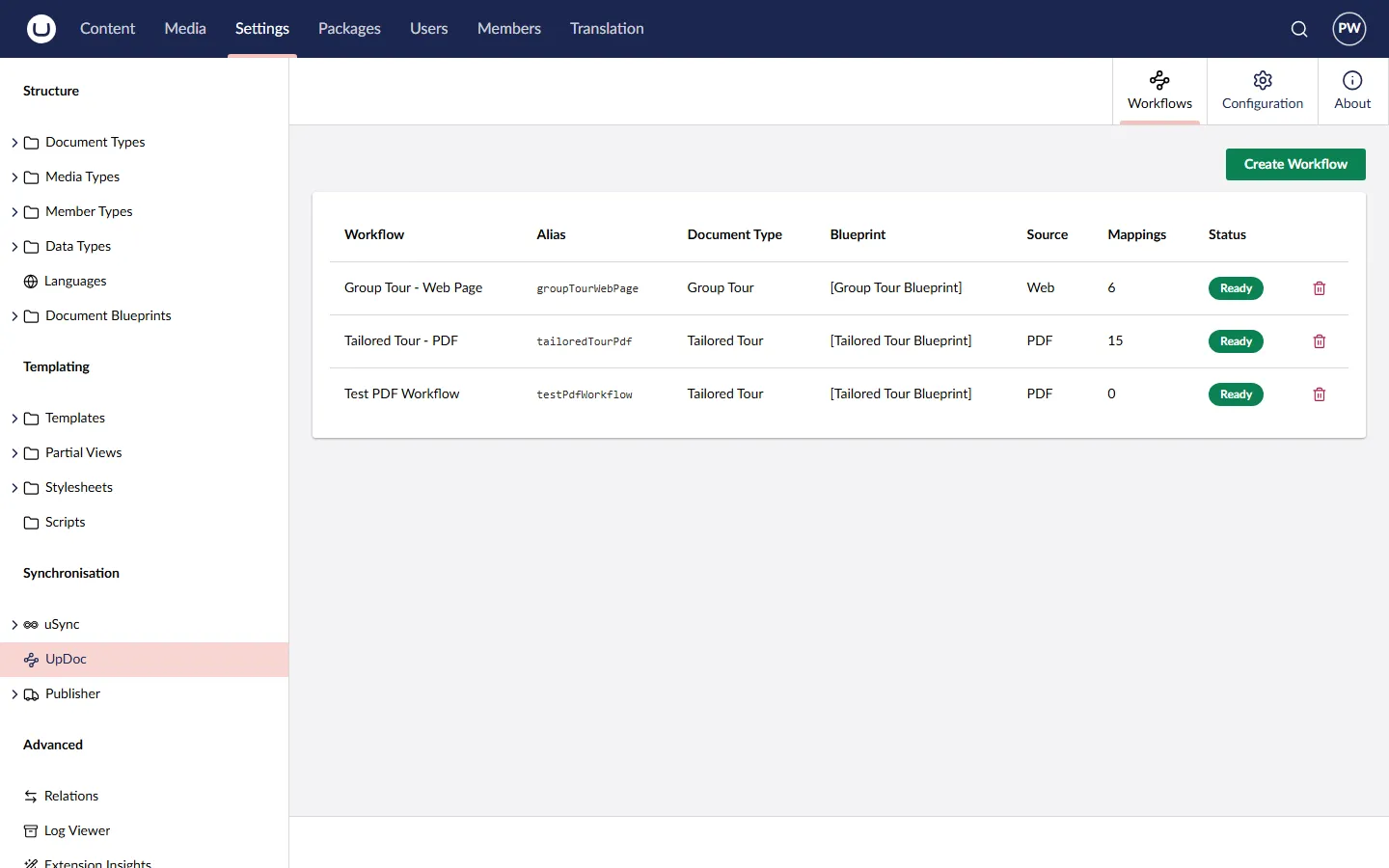 UpDoc Workflows dashboard showing existing workflows and the Create Workflow button