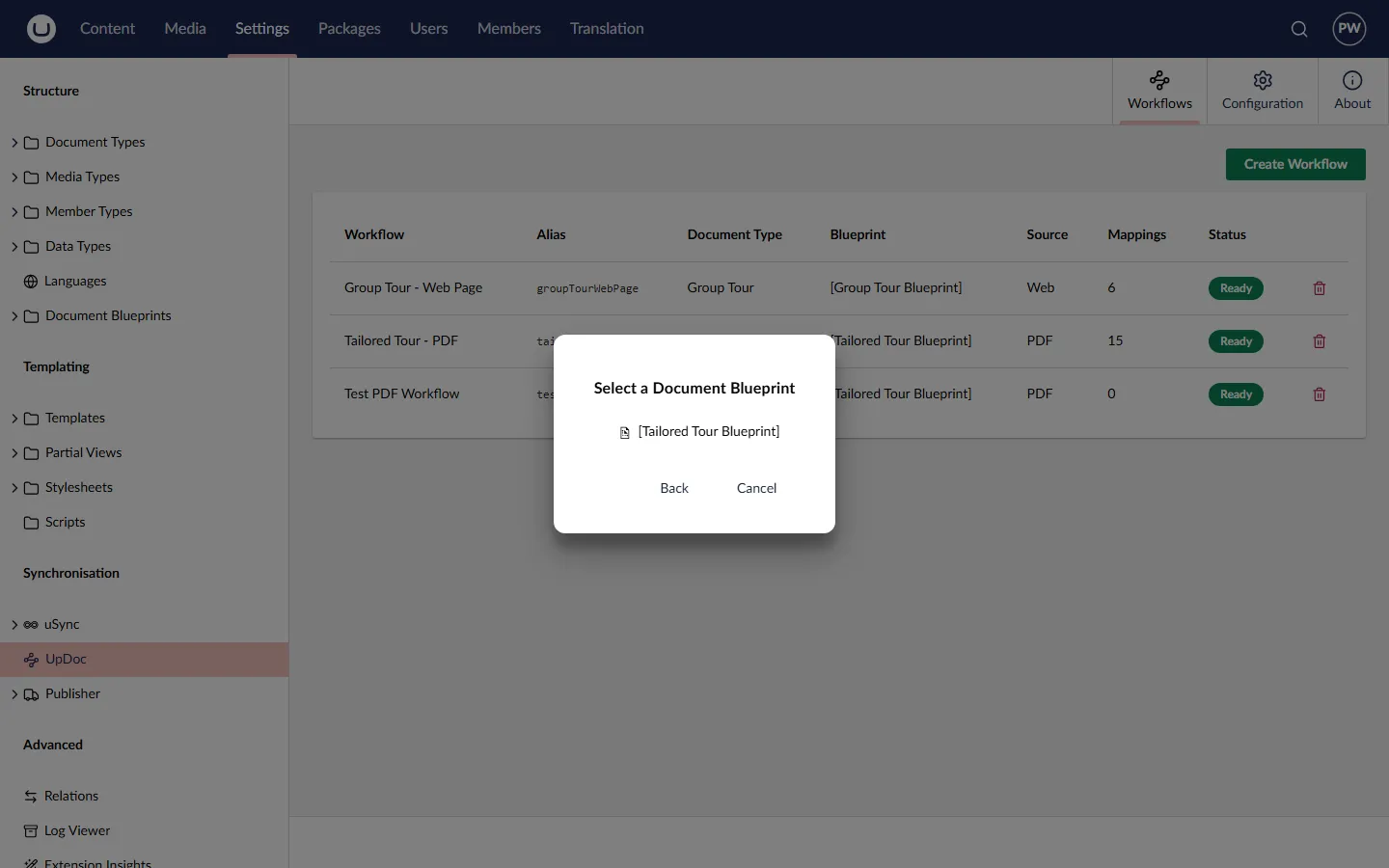 Blueprint picker showing Tailored Tour Blueprint