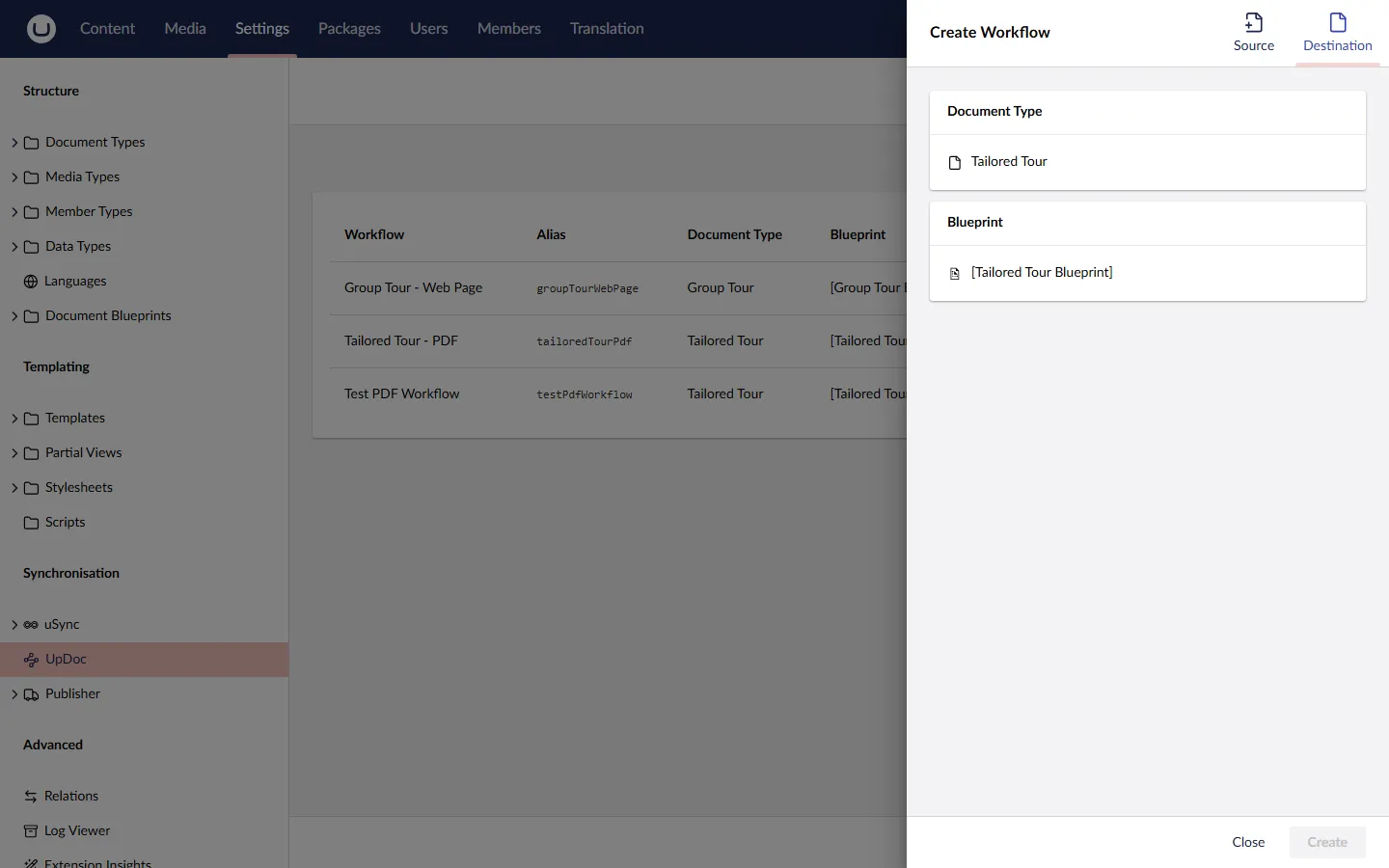 Destination tab pre-populated from the picker choices