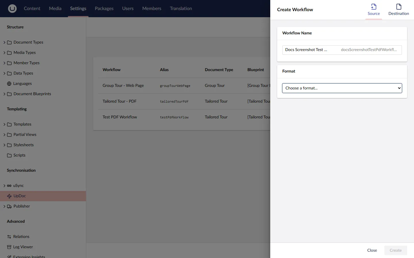 Source tab with the workflow name entered and the Format dropdown ready to open