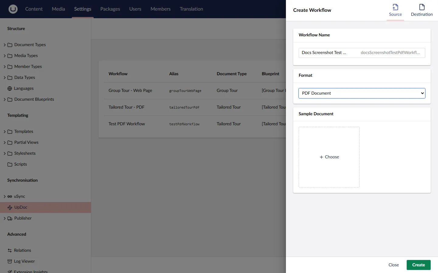 Sample Document section with empty chooser