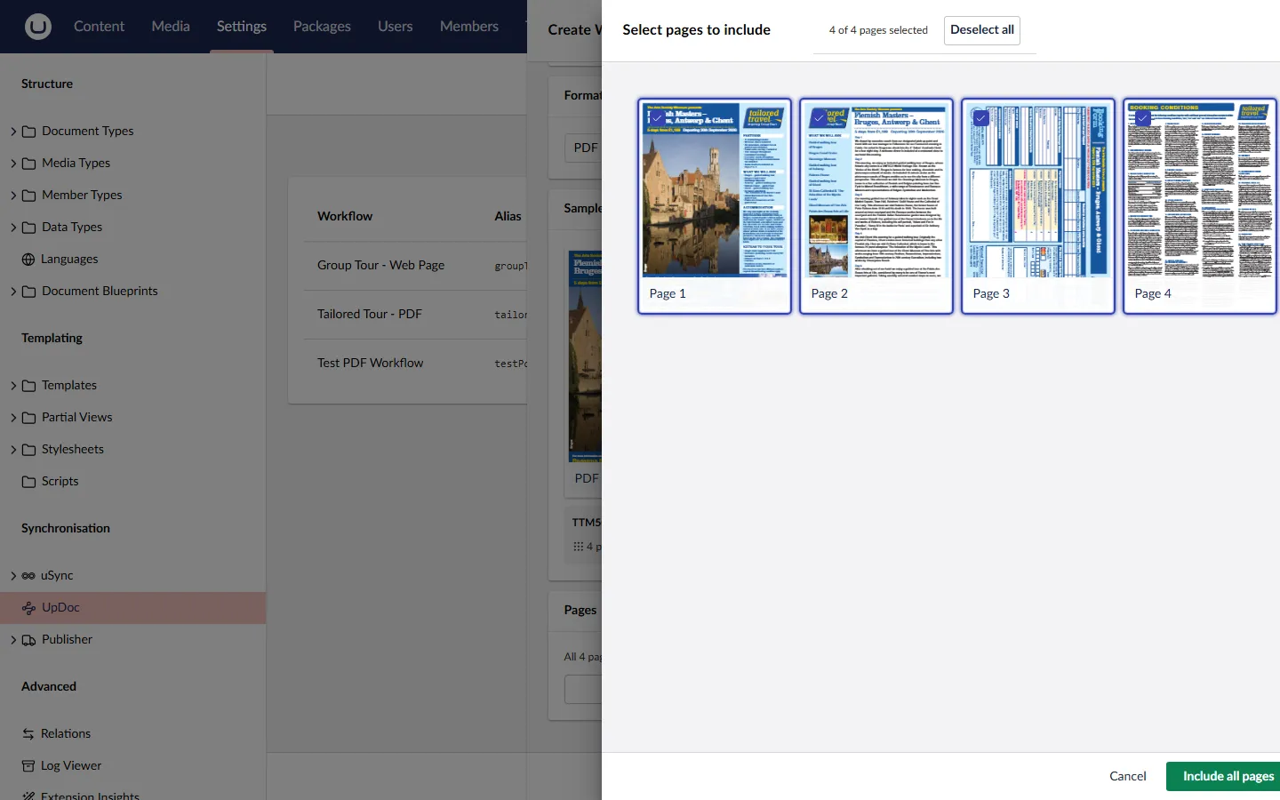 Select pages to include dialog